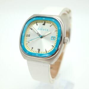 Dakota Unisex Silver Blue 35mm TV Date Dial Watch White Leather w New Battery